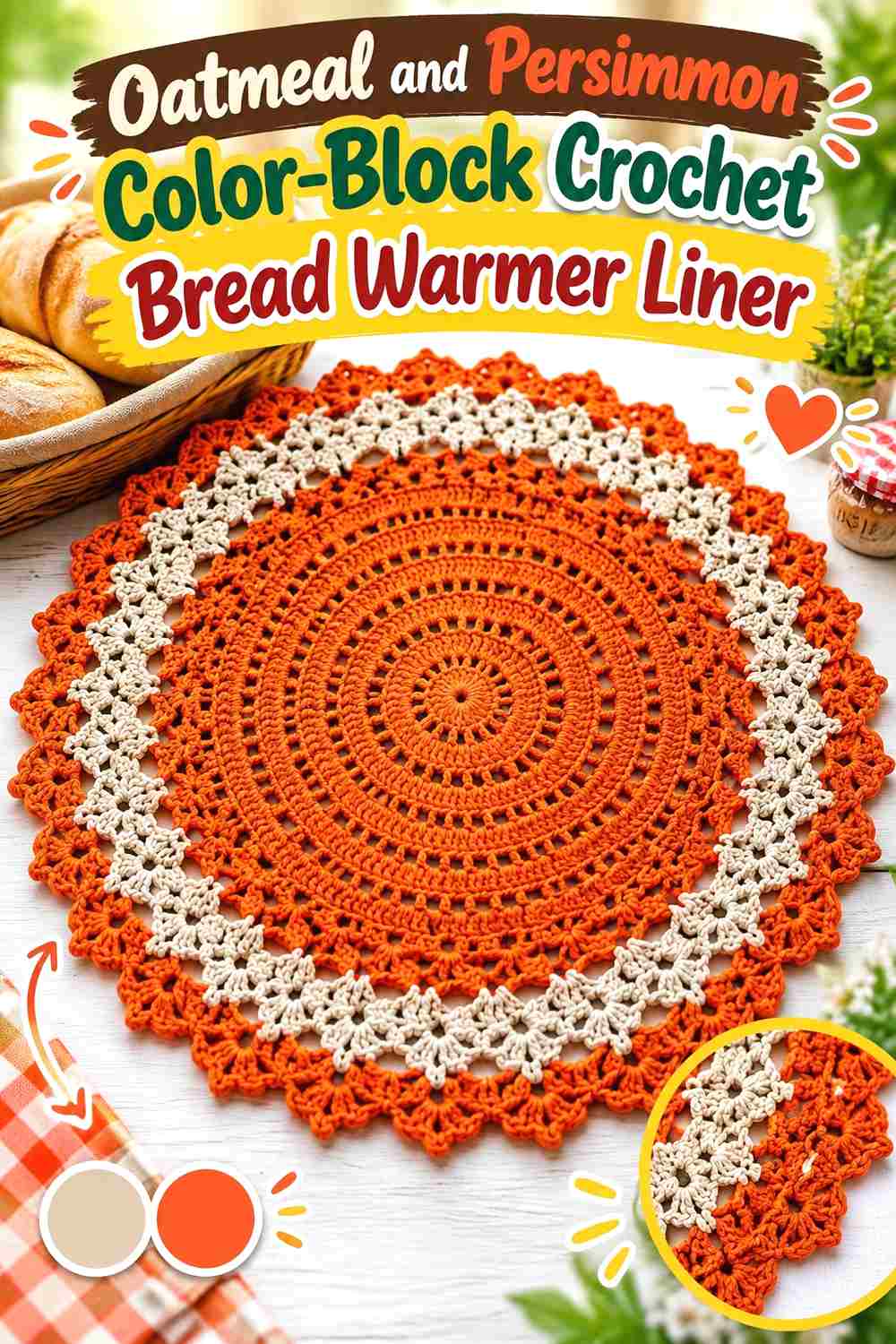6. Oatmeal And Persimmon Color Block Crochet Bread Warmer Liner