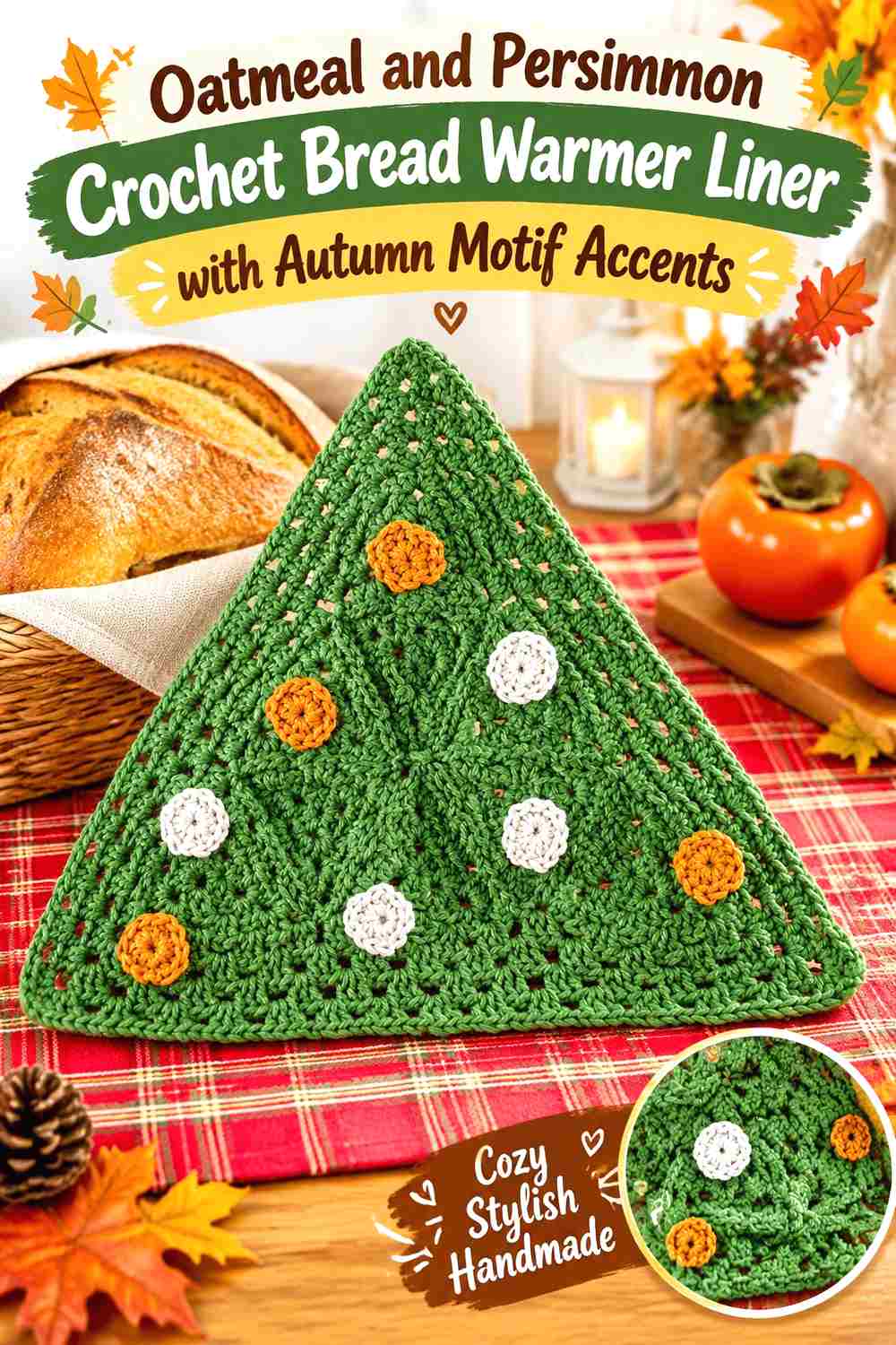 18. Oatmeal And Persimmon Crochet Bread Warmer Liner With Autumn Motif Accents
