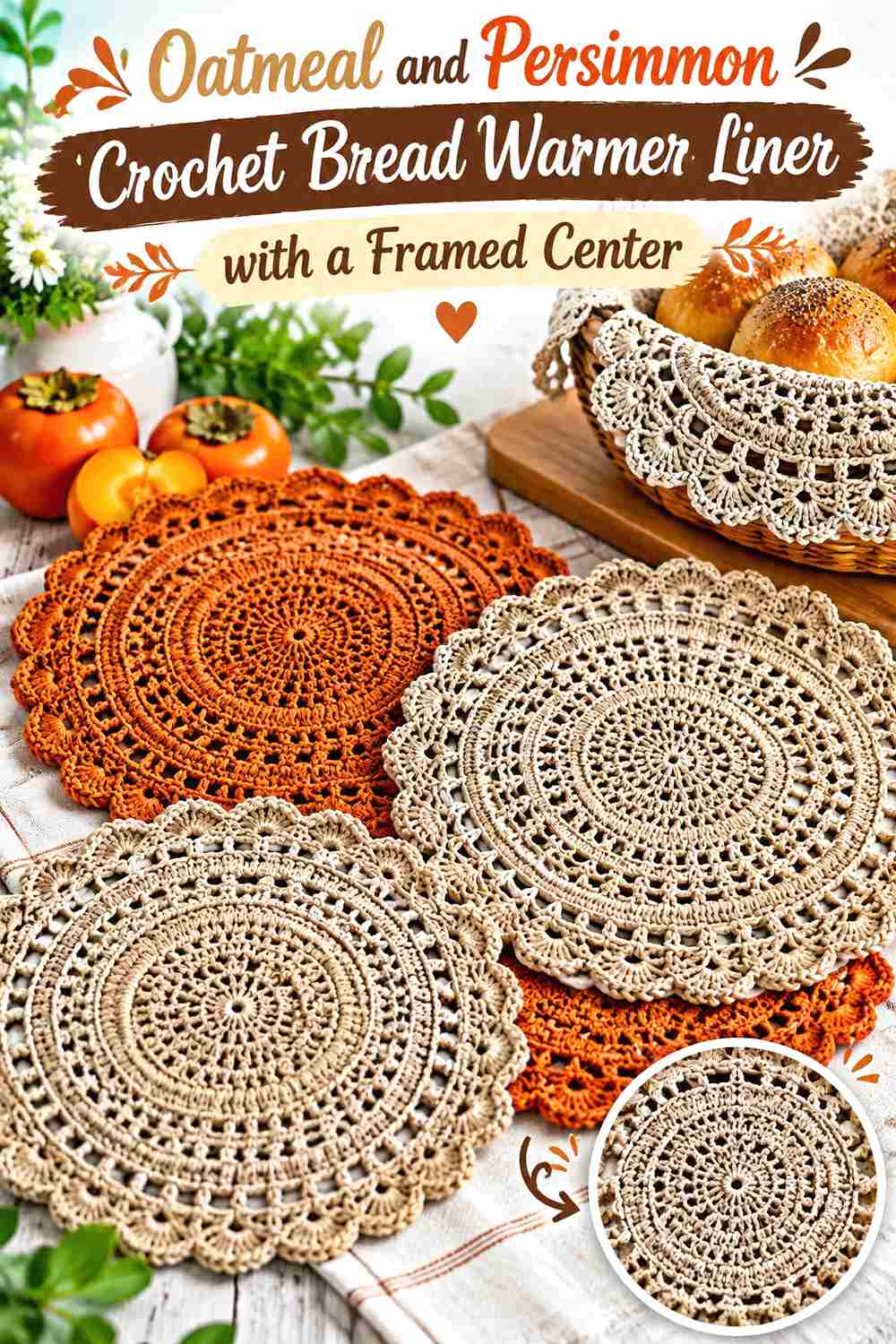 12. Oatmeal And Persimmon Crochet Bread Warmer Liner With A Framed Center