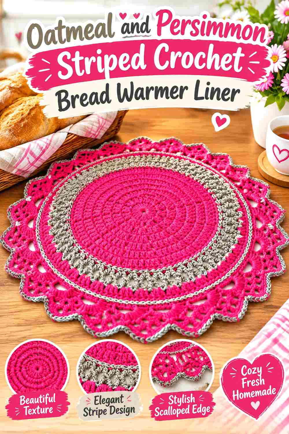 5. Oatmeal And Persimmon Striped Crochet Bread Warmer Liner
