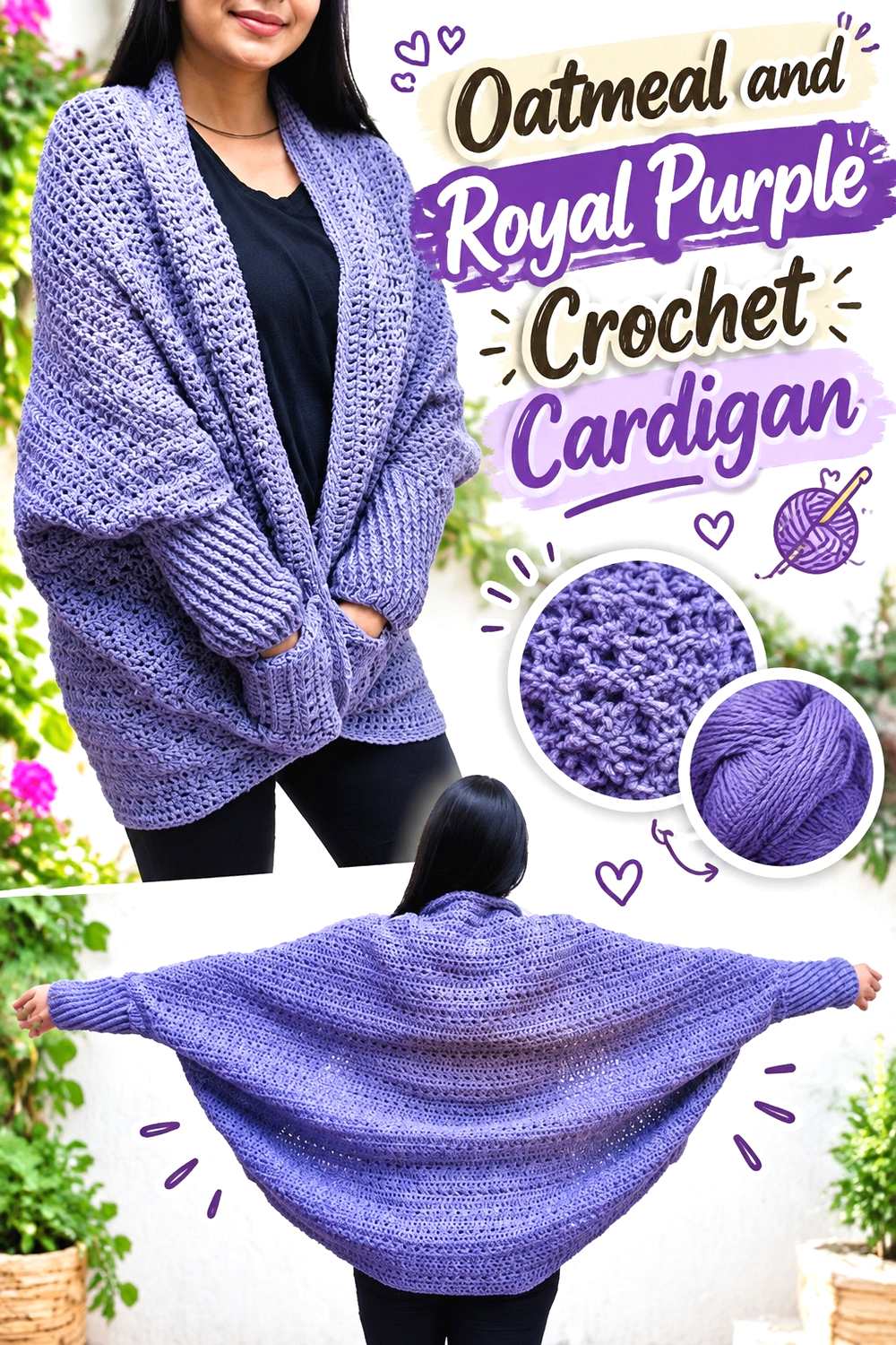 3. Oatmeal And Royal Purple Crochet Cardigan