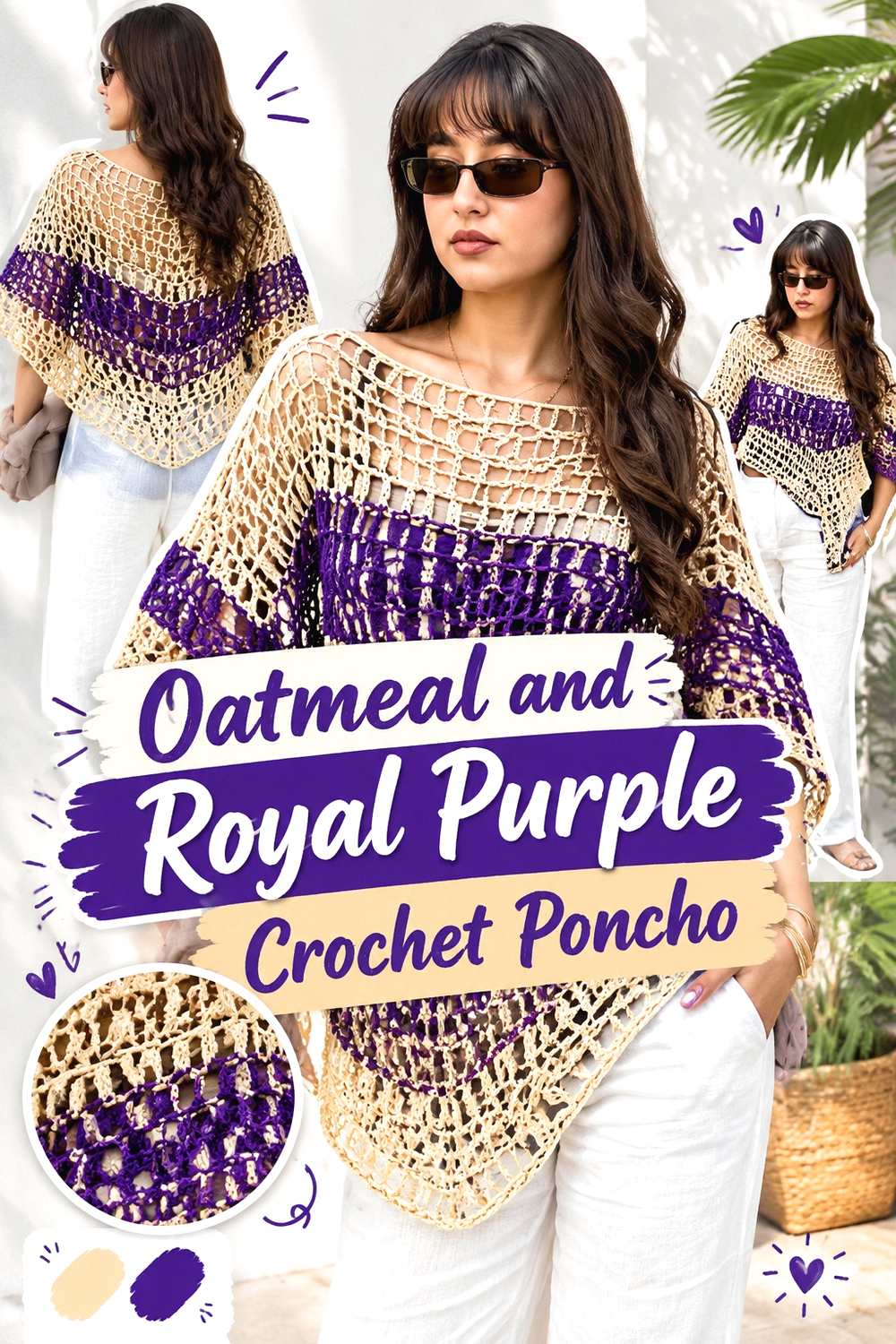 5. Oatmeal And Royal Purple Crochet Poncho