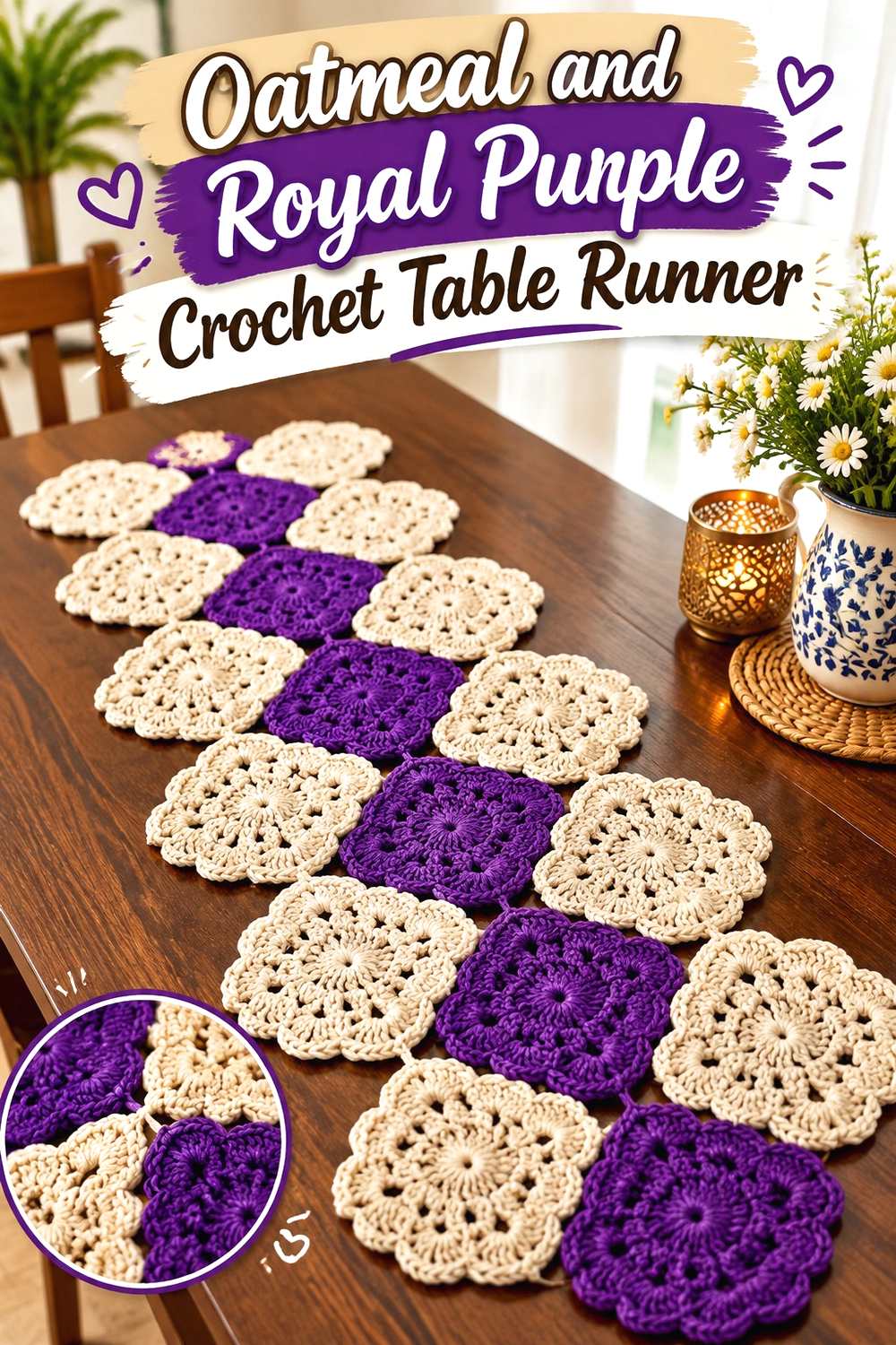 8. Oatmeal And Royal Purple Crochet Table Runner