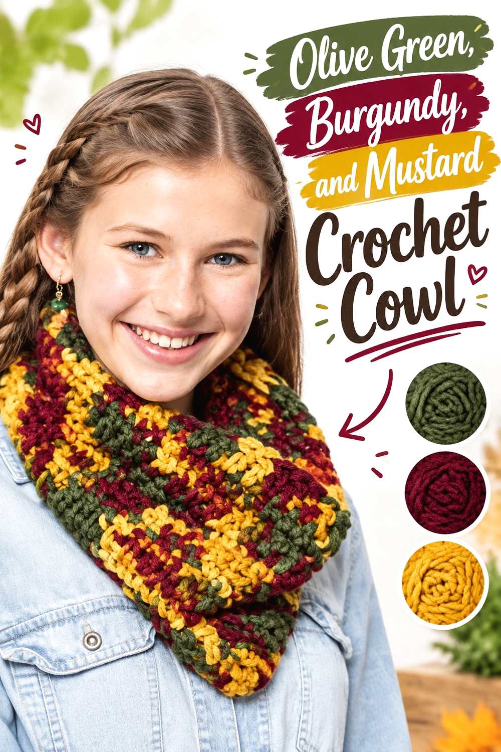 9. Olive Green Burgundy And Mustard Crochet Cowl