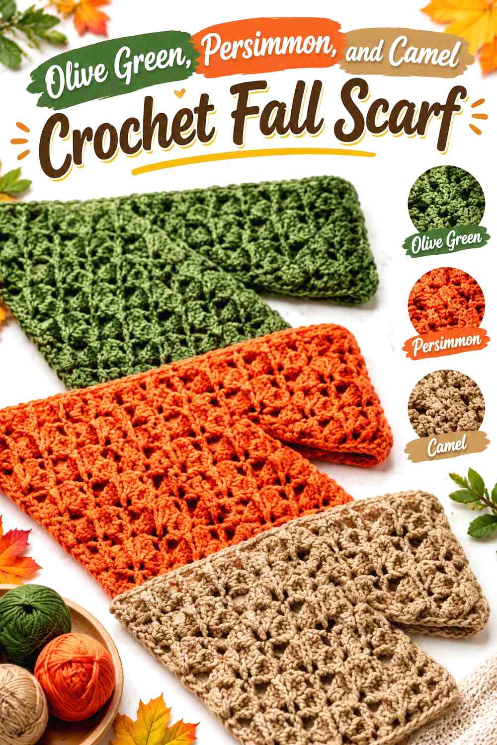 13. Olive Green Persimmon And Camel Crochet Fall Scarf
