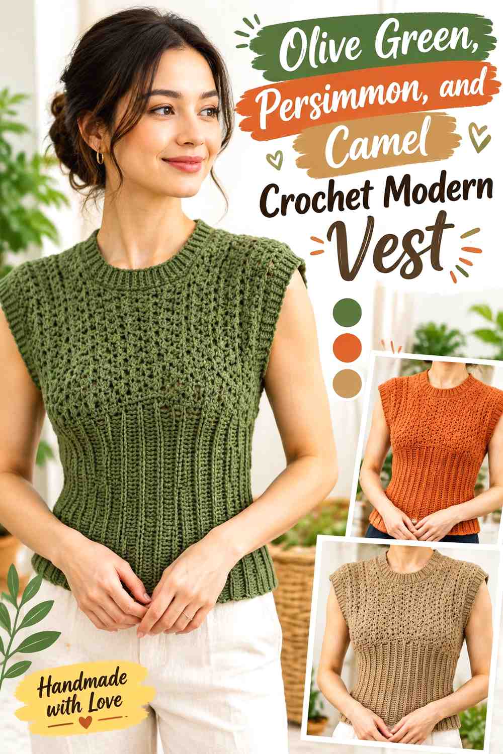 7. Olive Green Persimmon And Camel Crochet Modern Vest