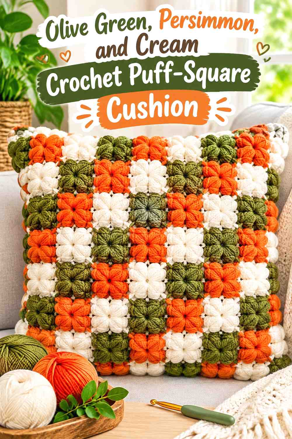 5. Olive Green Persimmon And Cream Crochet Puff Square Cushion