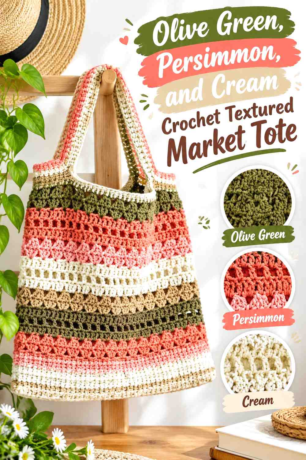 11. Olive Green Persimmon And Cream Crochet Textured Market Tote