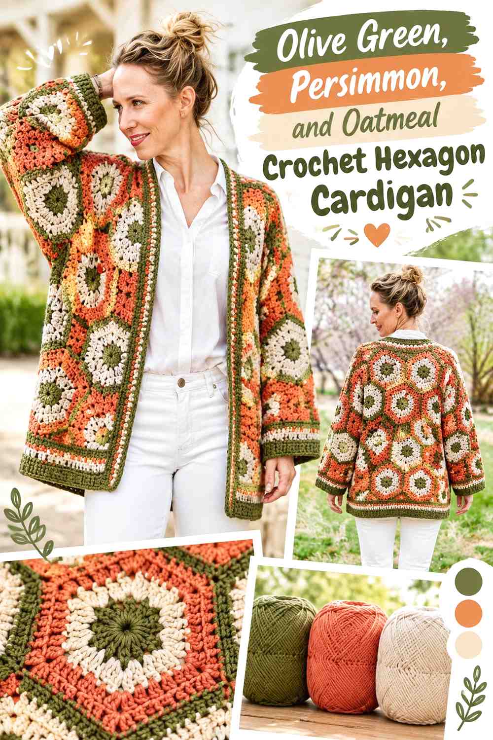 1. Olive Green Persimmon And Oatmeal Crochet Hexagon Cardigan