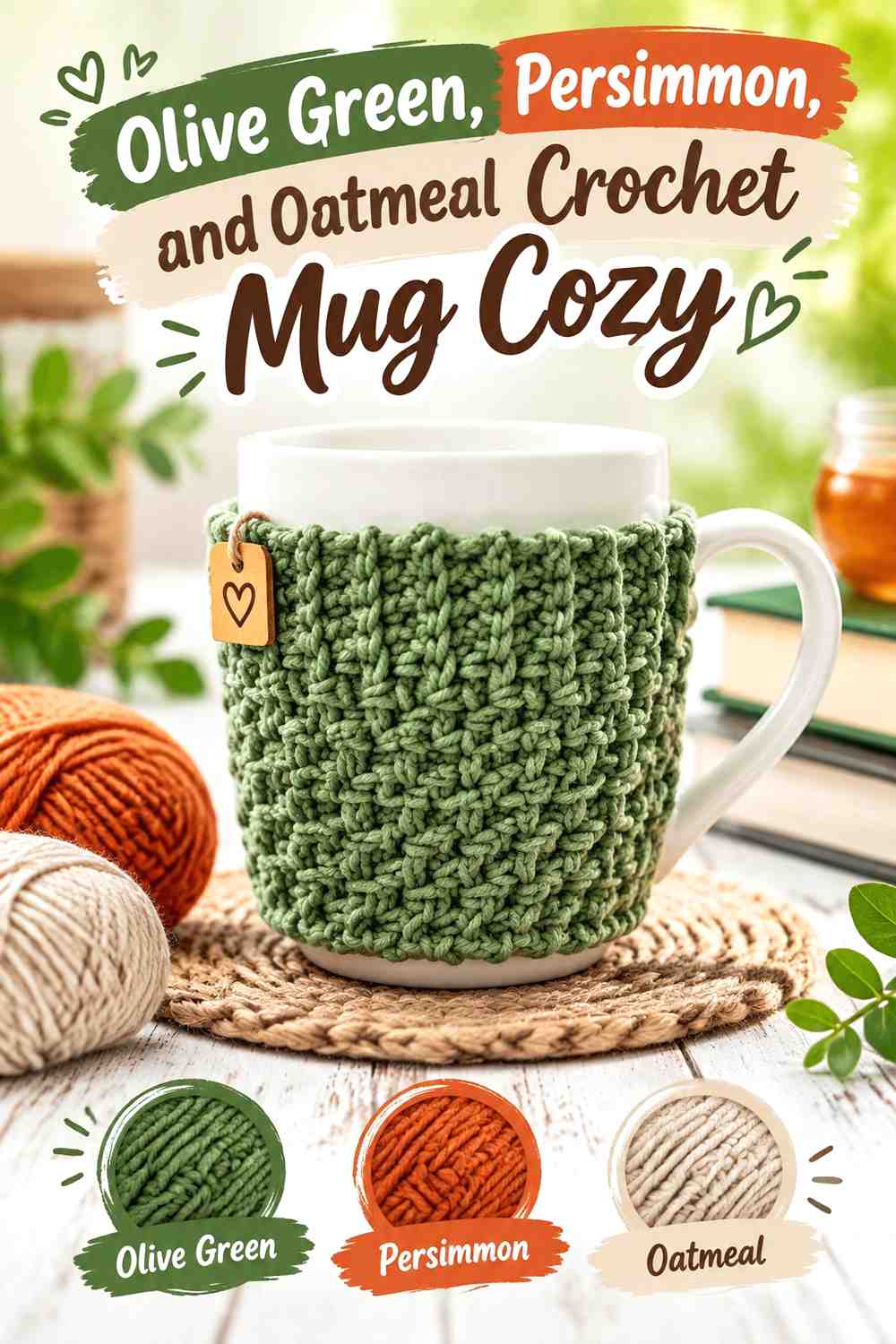 9. Olive Green Persimmon And Oatmeal Crochet Mug Cozy