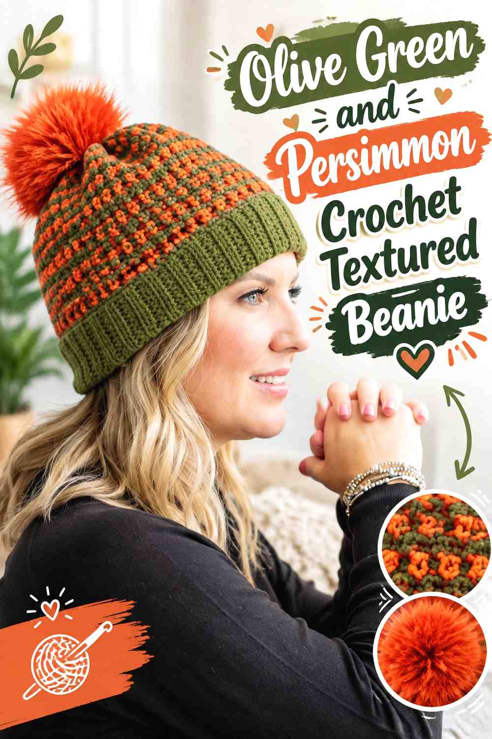3. Olive Green And Persimmon Crochet Textured Beanie
