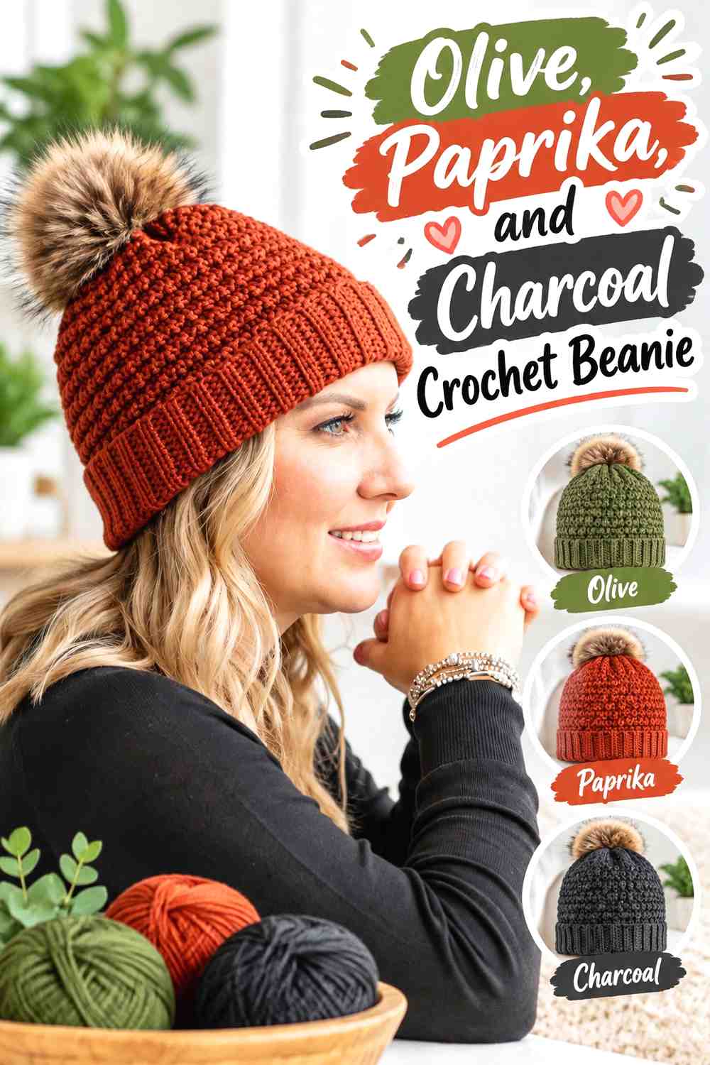 2. Olive Paprika And Charcoal Crochet Beanie