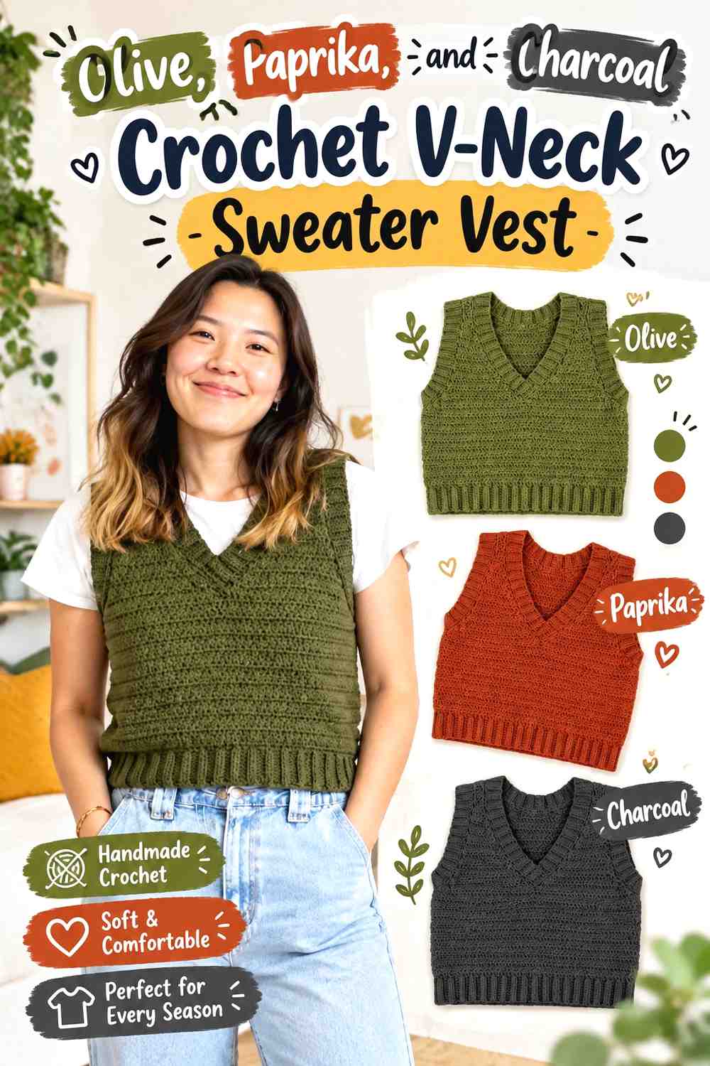13. Olive Paprika And Charcoal Crochet V Neck Sweater Vest