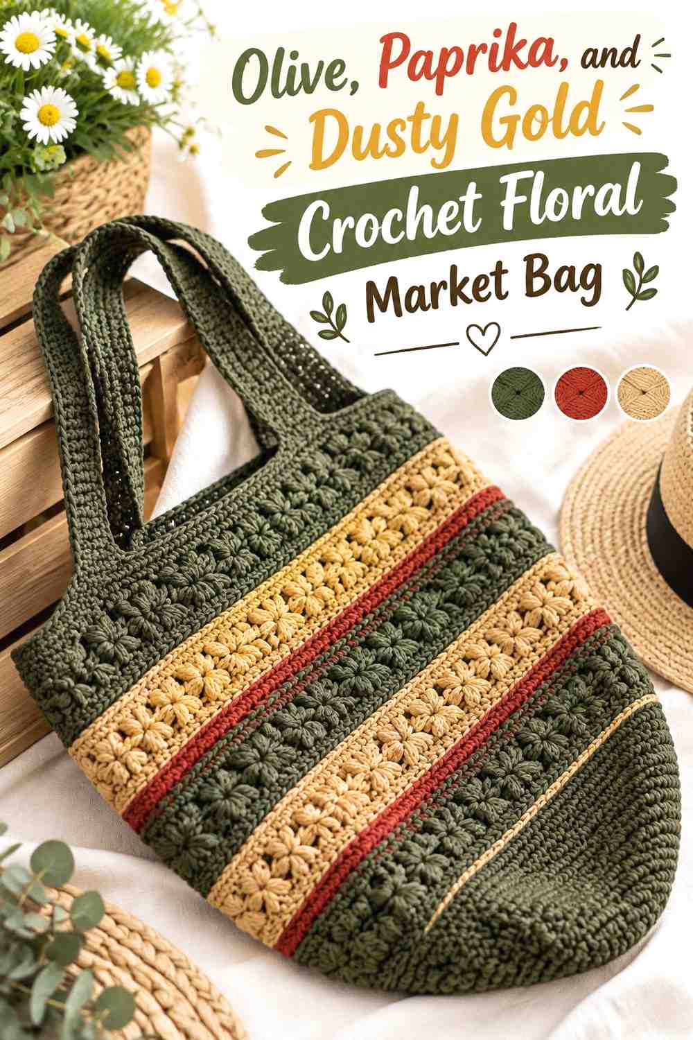 11. Olive Paprika And Dusty Gold Crochet Floral Market Bag