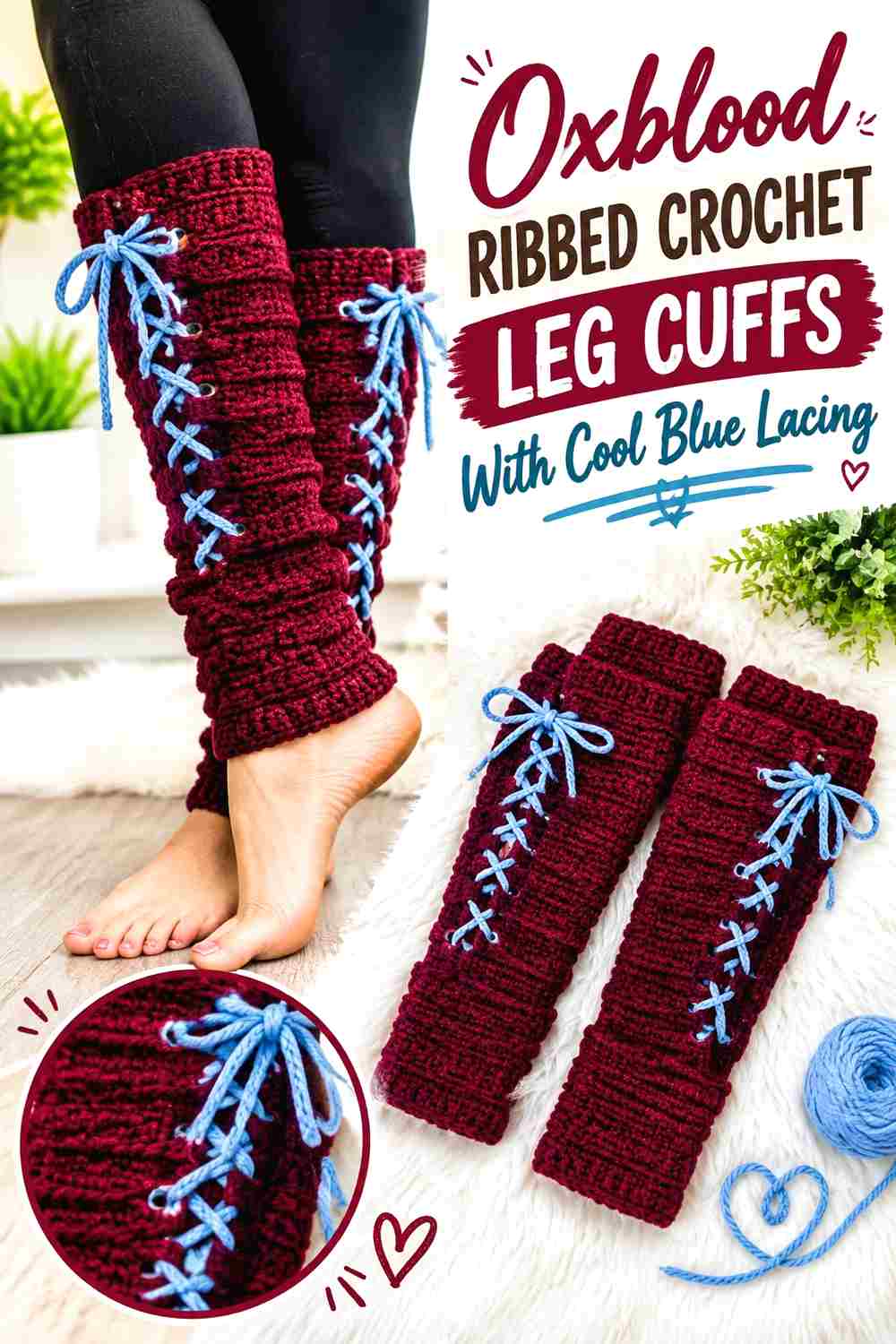 4. Oxblood Ribbed Crochet Leg Cuffs With Cool Blue Lacing