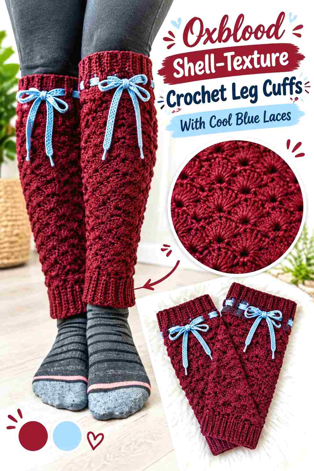 6. Oxblood Shell Texture Crochet Leg Cuffs With Cool Blue Laces