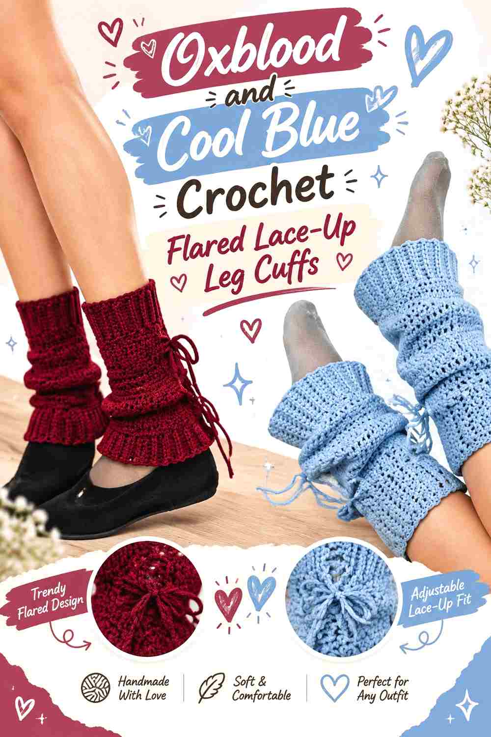 7. Oxblood And Cool Blue Crochet Flared Lace Up Leg Cuffs