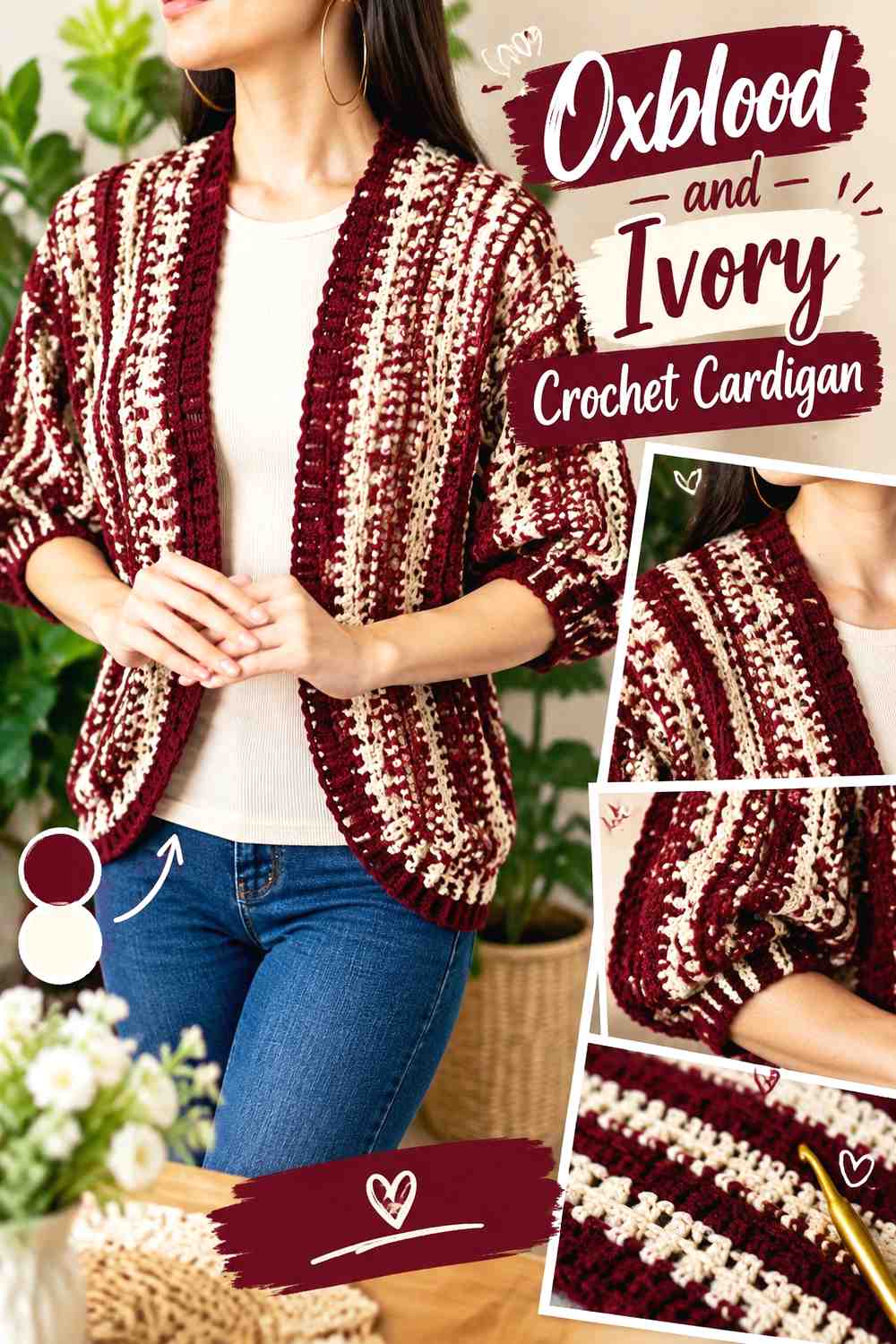 1. Oxblood And Ivory Crochet Cardigan
