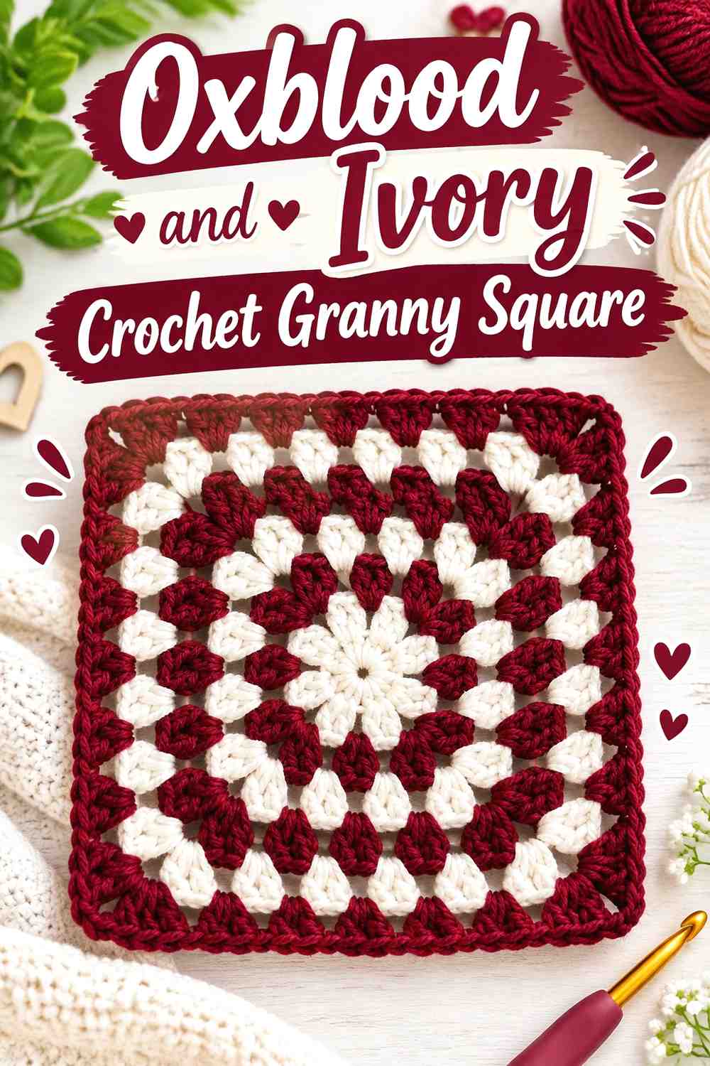 13. Oxblood And Ivory Crochet Granny Square