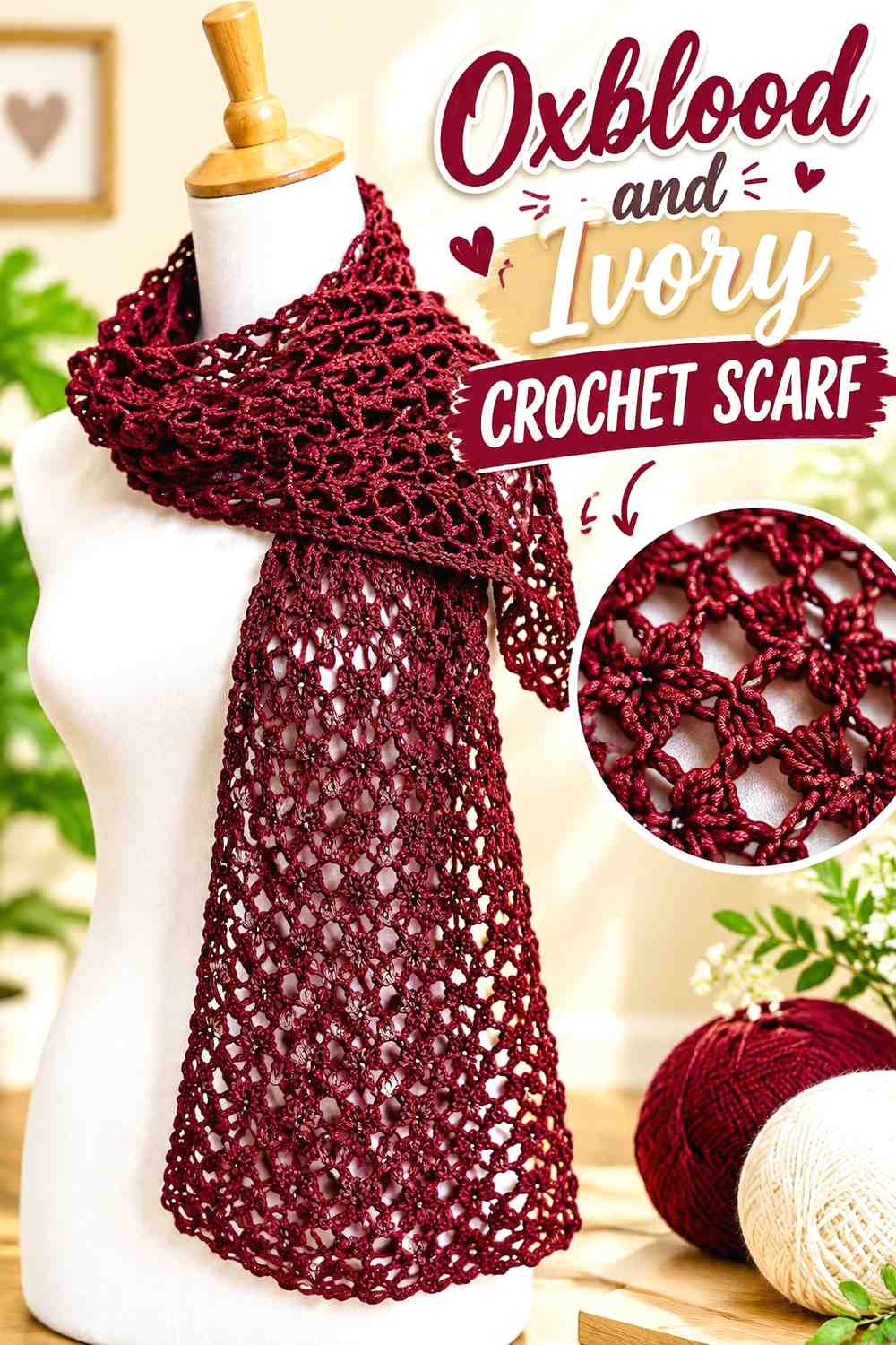 5. Oxblood And Ivory Crochet Scarf