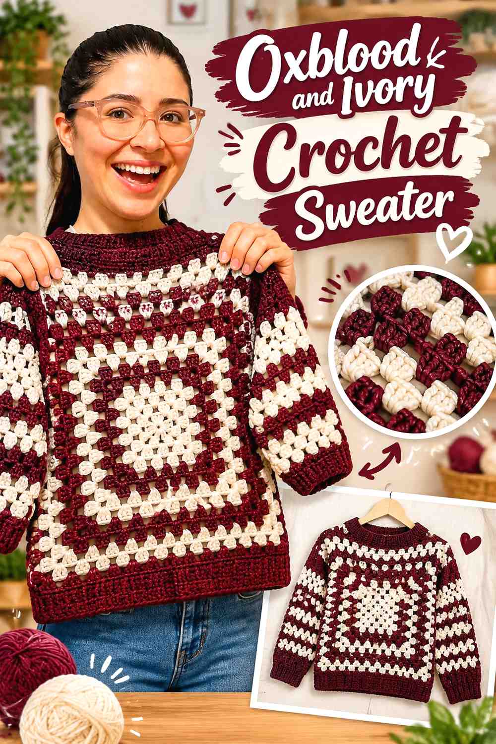 9. Oxblood And Ivory Crochet Sweater