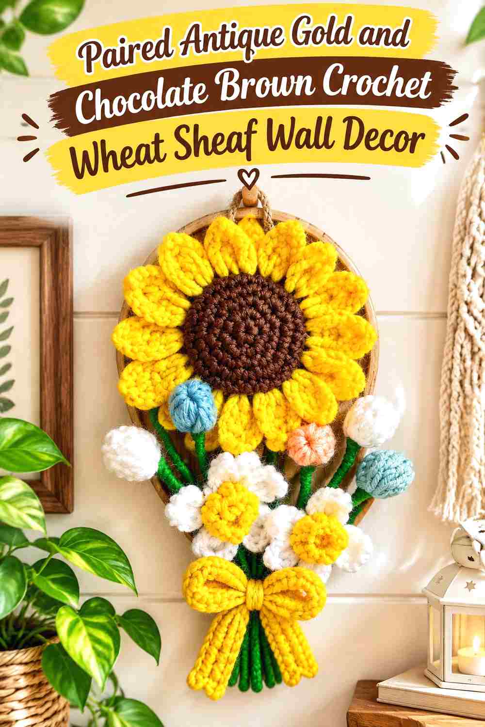 13. Paired Antique Gold And Chocolate Brown Crochet Wheat Sheaf Wall Decor