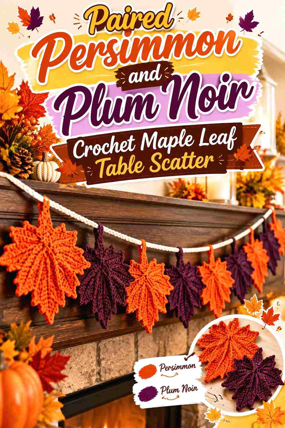 15. Paired Persimmon And Plum Noir Crochet Maple Leaf Table Scatter