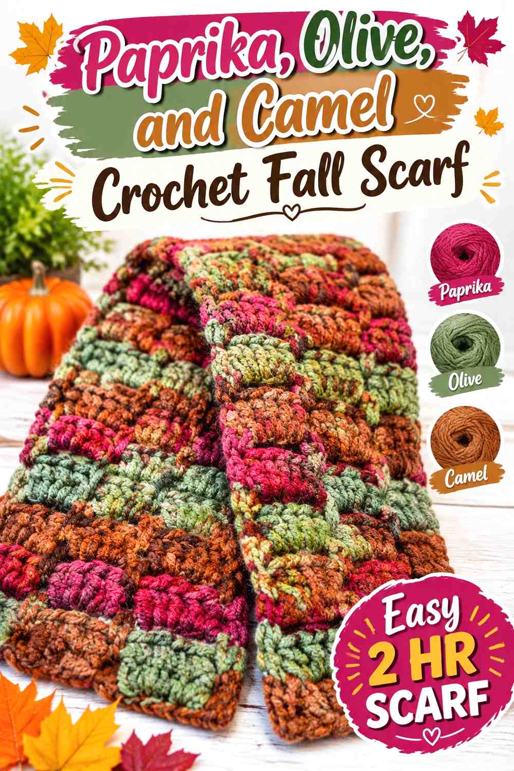 4. Paprika Olive And Camel Crochet Fall Scarf