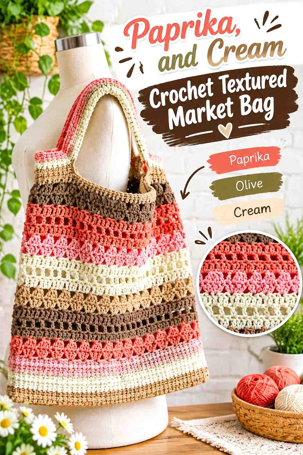 17. Paprika Olive And Cream Crochet Textured Market Bag