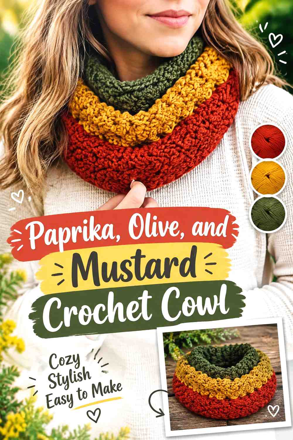 16. Paprika Olive And Mustard Crochet Cowl