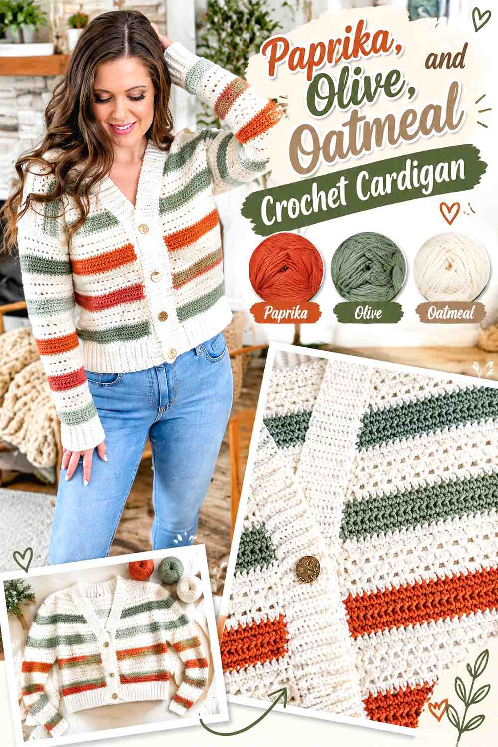 3. Paprika Olive And Oatmeal Crochet Cardigan