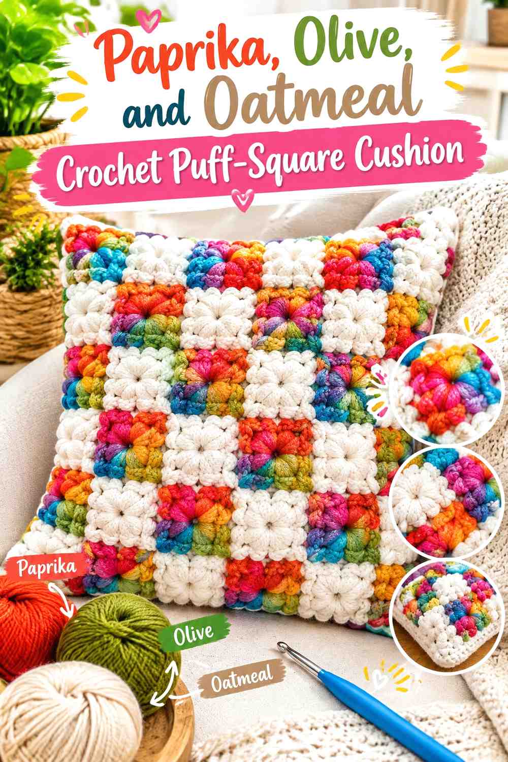 12. Paprika Olive And Oatmeal Crochet Puff Square Cushion