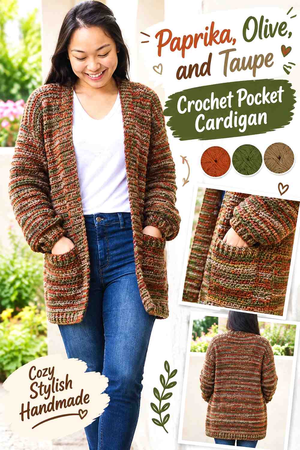 14. Paprika Olive And Taupe Crochet Pocket Cardigan