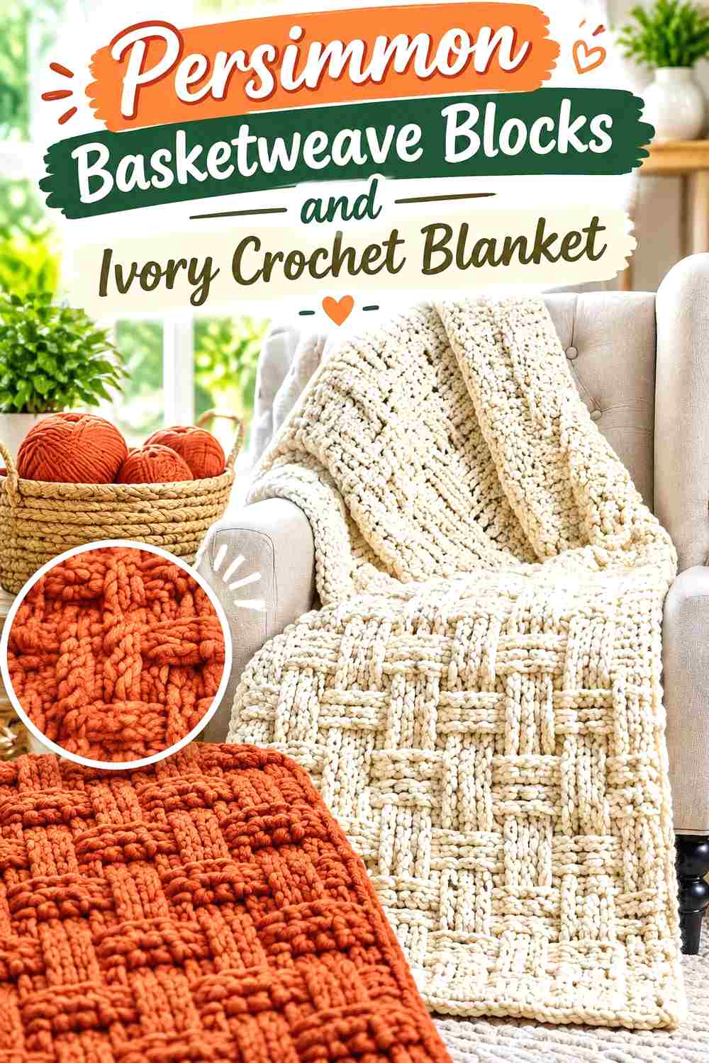 1. Persimmon Basketweave Blocks And Ivory Crochet Blanket