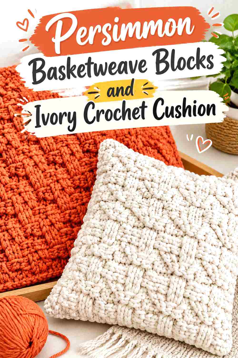 11. Persimmon Basketweave Blocks And Ivory Crochet Cushion