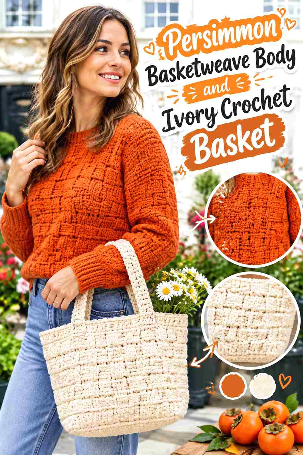 15. Persimmon Basketweave Body And Ivory Crochet Basket
