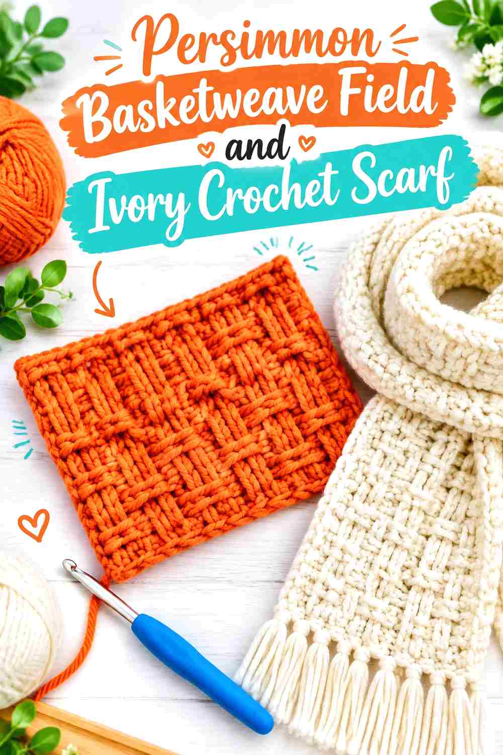 5. Persimmon Basketweave Field And Ivory Crochet Scarf