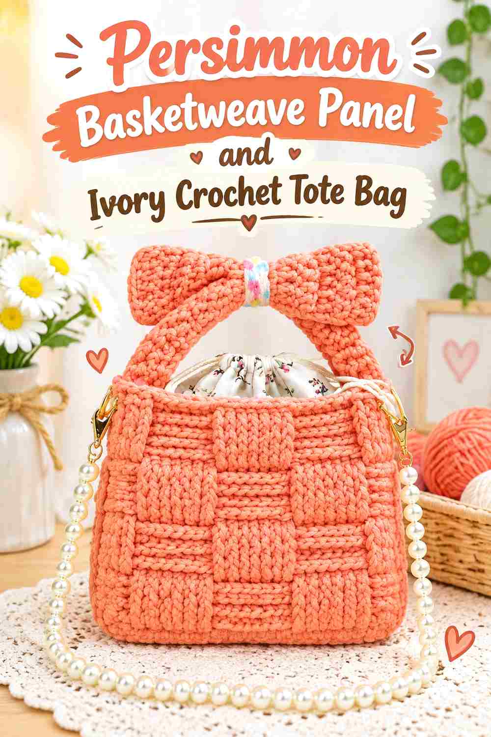 9. Persimmon Basketweave Panel And Ivory Crochet Tote Bag