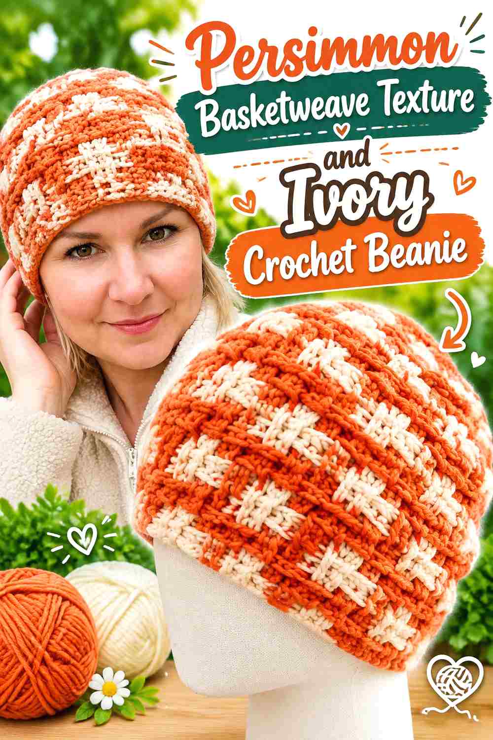 3. Persimmon Basketweave Texture And Ivory Crochet Beanie
