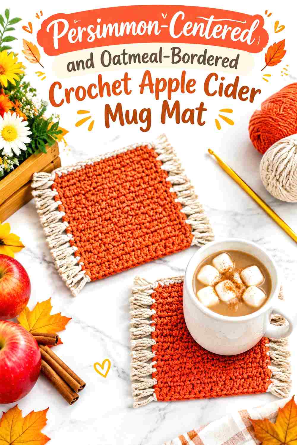 1. Persimmon Centered And Oatmeal Bordered Crochet Apple Cider Mug Mat