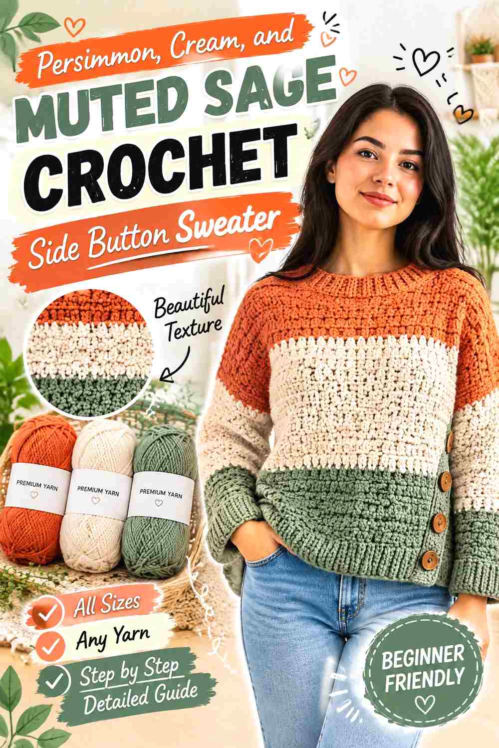 2. Persimmon Cream And Muted Sage Crochet Side Button Sweater