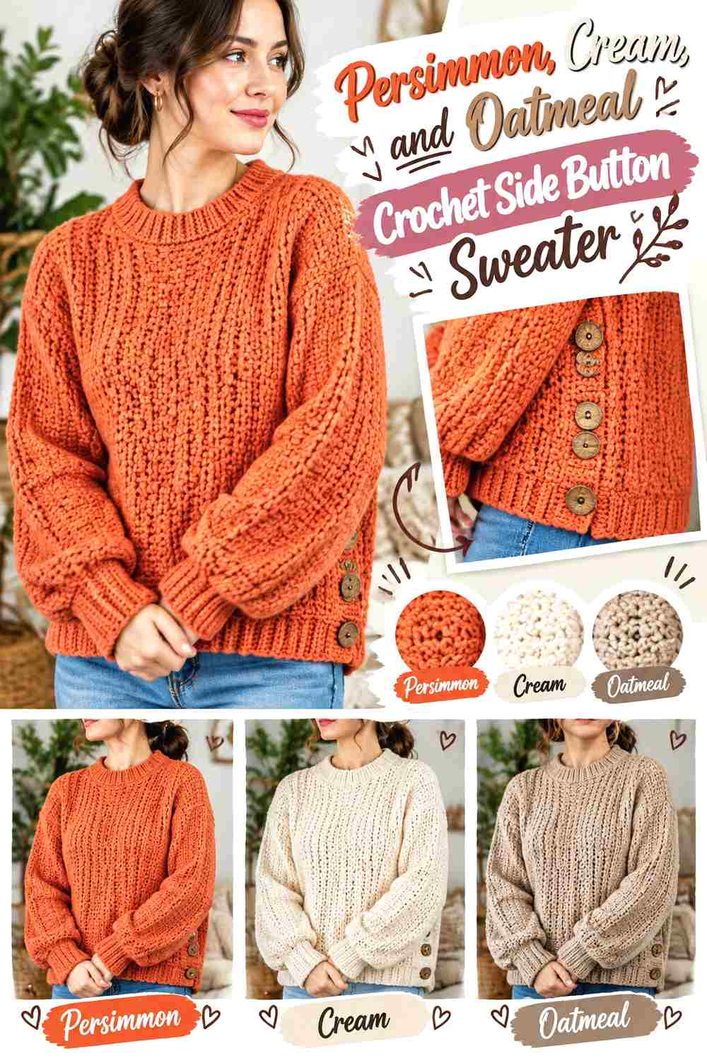 3. Persimmon Cream And Oatmeal Crochet Side Button Sweater