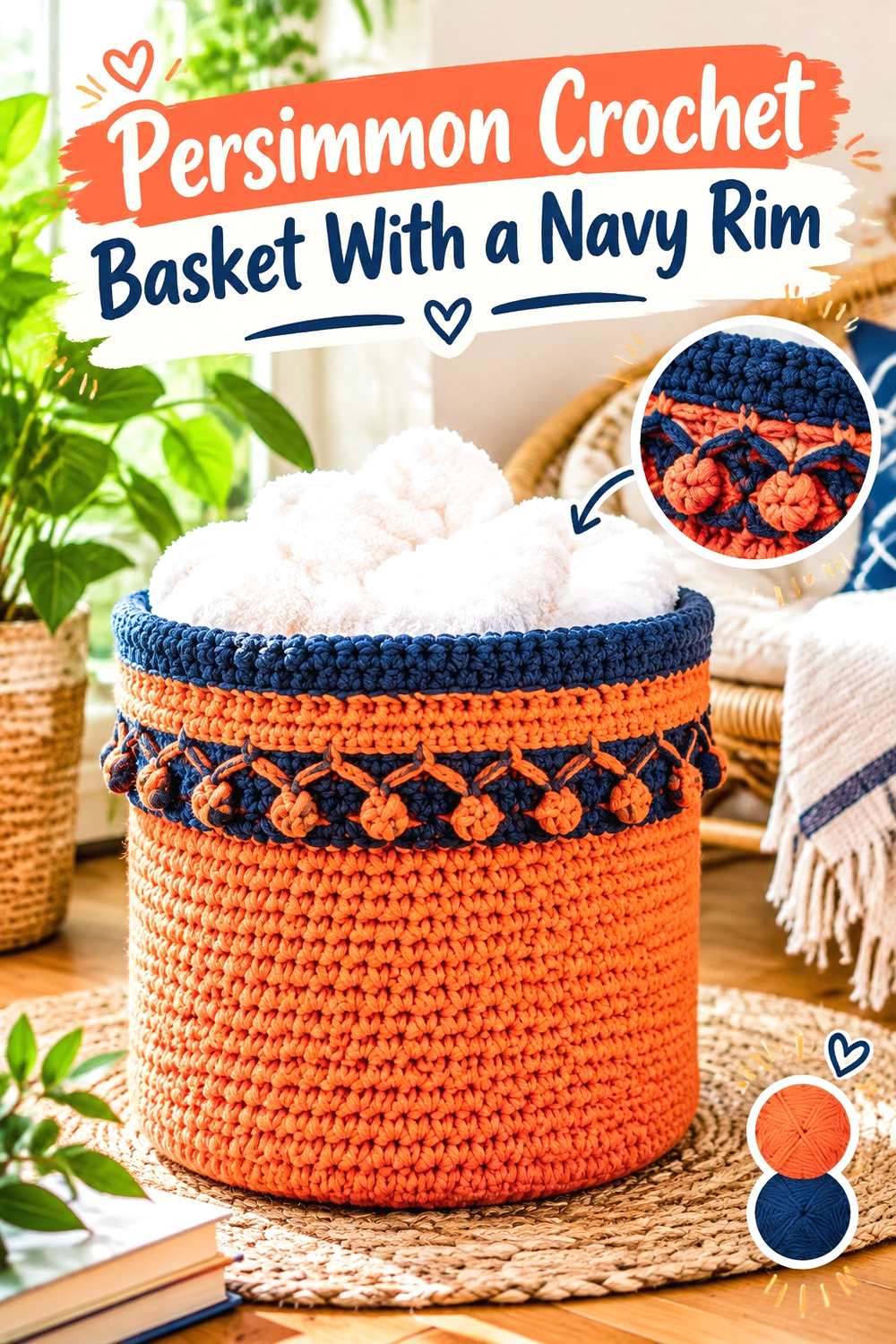6. Persimmon Crochet Basket With A Navy Rim