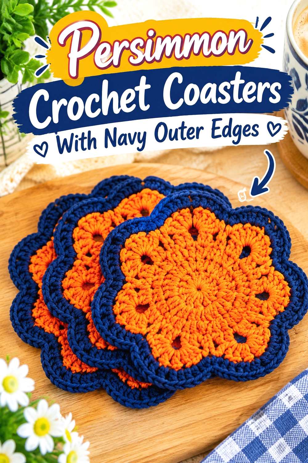 12. Persimmon Crochet Coasters With Navy Outer Edges