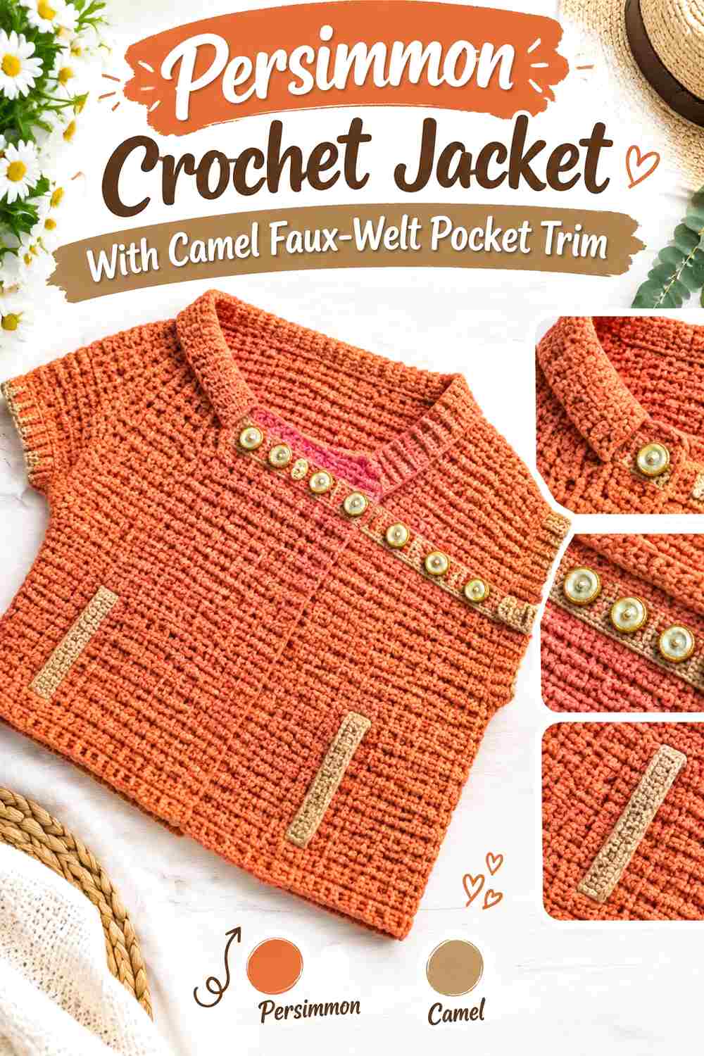 14. Persimmon Crochet Jacket With Camel Faux Welt Pocket Trim