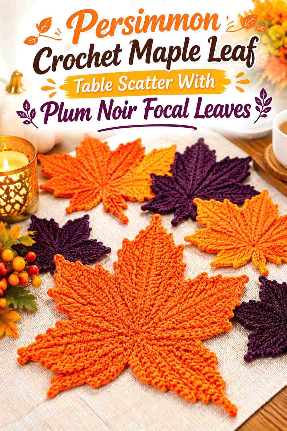 11. Persimmon Crochet Maple Leaf Table Scatter With Plum Noir Focal Leaves