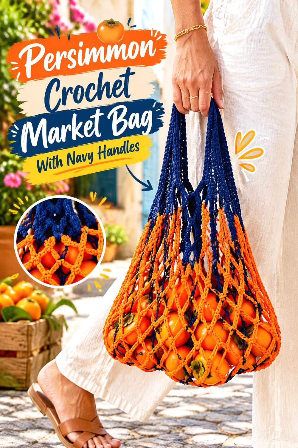 15. Persimmon Crochet Market Bag With Navy Handles