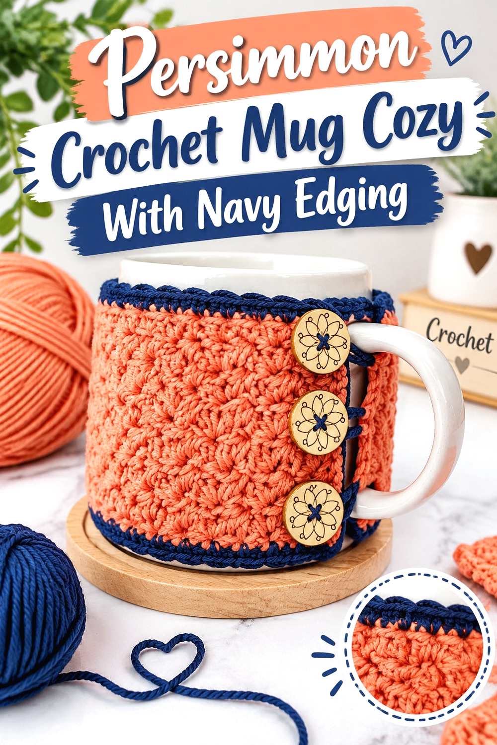 8. Persimmon Crochet Mug Cozy With Navy Edging