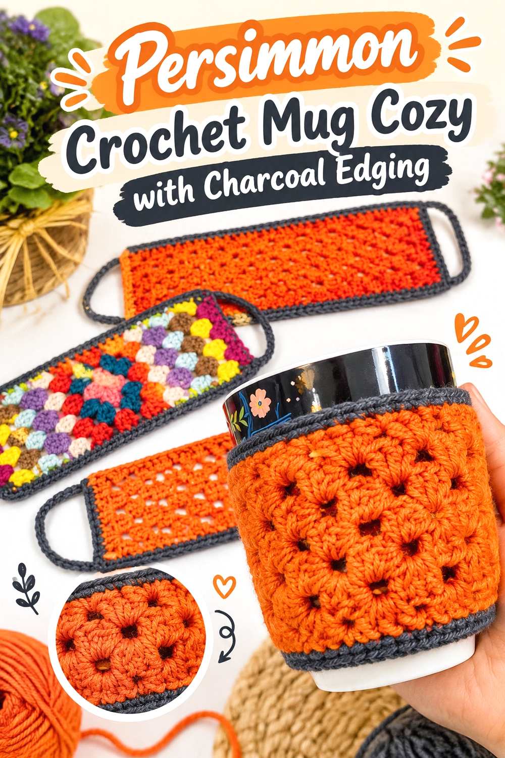 10. Persimmon Crochet Mug Cozy With Charcoal Edging