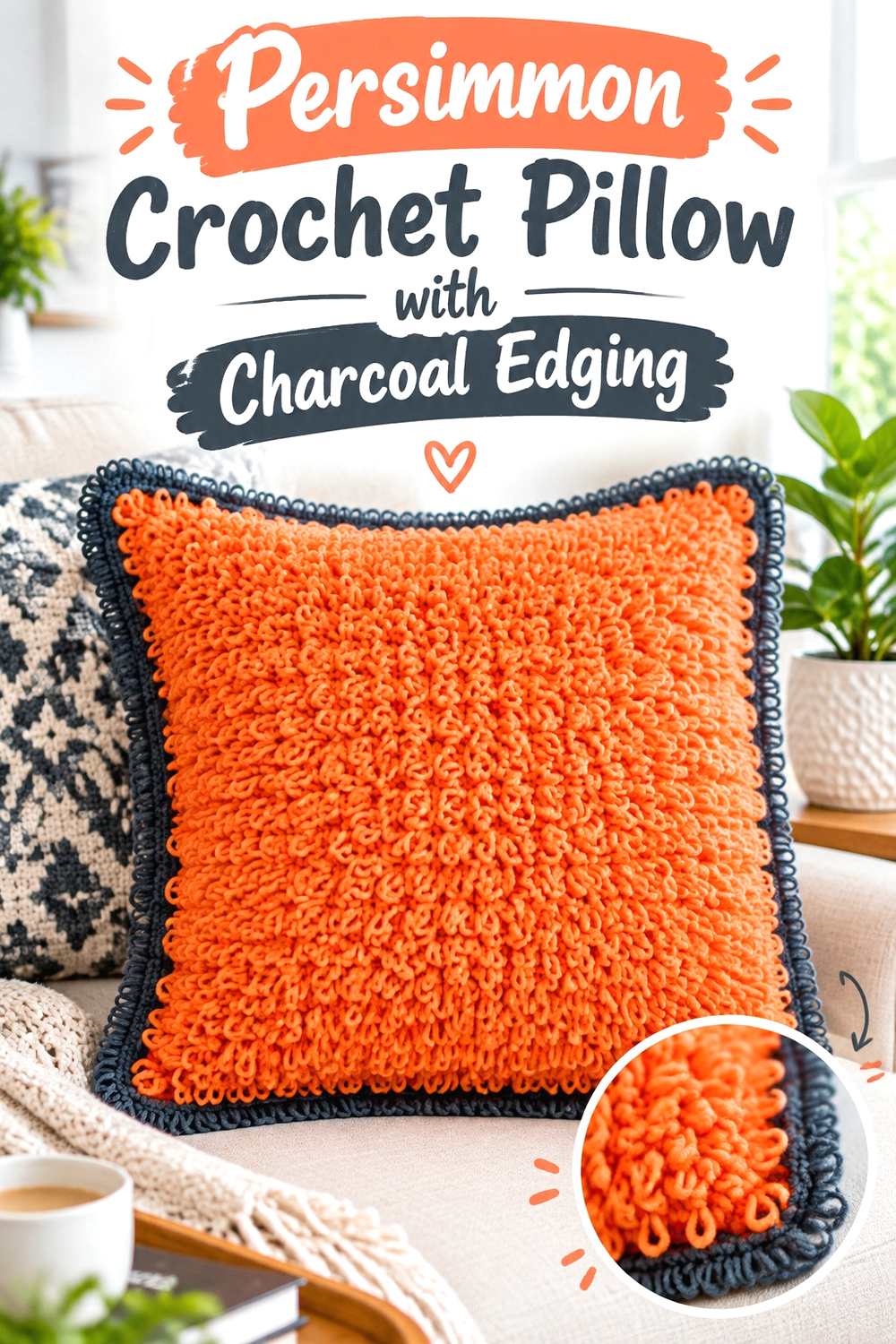 1. Persimmon Crochet Pillow With Charcoal Edging